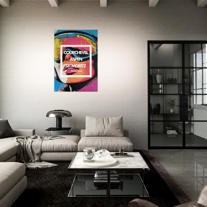 Tableau aluminium ski Courchevel Aspen St Moritz - Affiche encadrée pop art - Design sportif montagne - THREEWORDS³